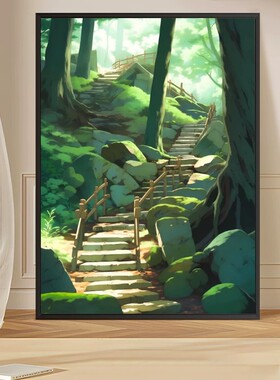 宫崎骏风格插画仿油画风景卡通装饰画小众清新艺术卧室客厅摆挂画