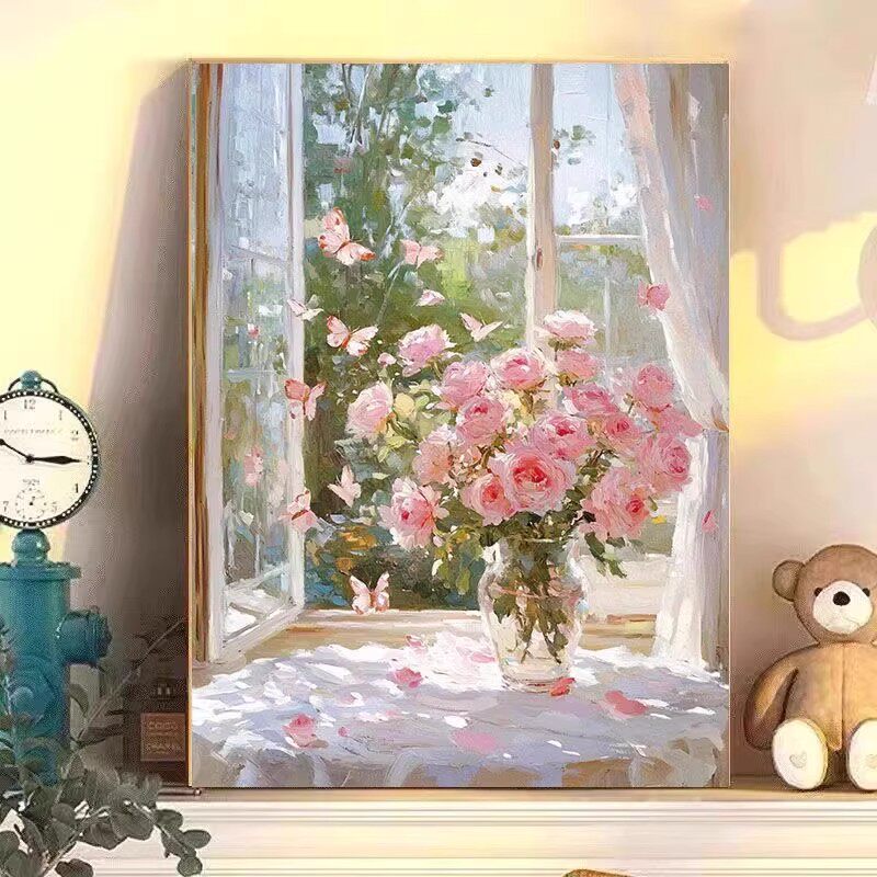窗台鲜花卉装饰画成品仿油画风景玫瑰欧式唯美清新卧室客厅摆挂画