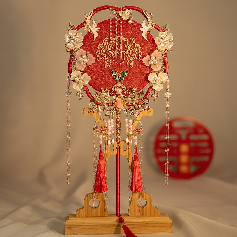 新娘团扇高级结婚di长柄手工中式婚礼秀禾喜扇古风成品面红色,淘宝优惠券,粉丝福利购,淘宝优惠卷