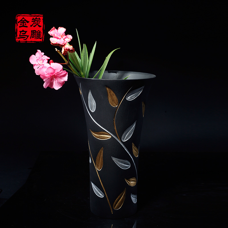 金乌炭雕 叶叶生辉 家居饰品客厅电视柜装饰品摆设玄关摆件插花瓶 - 图2