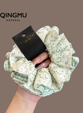 森系绿色碎花格子大肠发圈女韩国小清新扎发头绳丸子头花大号皮筋
