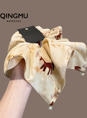 新中式缎面小马珍珠吊坠方巾大肠发圈女复古扎低马尾发绳皮筋发饰