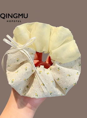 夏季田园风黄色碎花拼接大肠发圈韩系甜美扎发头绳丸子头圈马尾绳