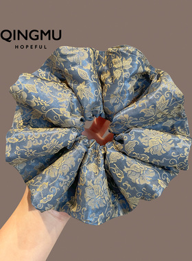 高端油画蓝色碎花大肠发圈超大号扎丸子头圈百搭马尾发绳通勤发饰