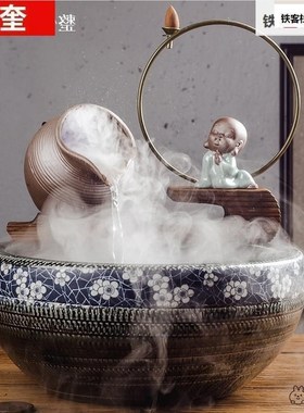 中式瓷鱼循环小号缸自制喷泉出水口装饰摆件流水器陶假山陶罐