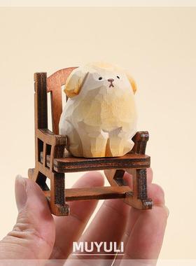 木雕木质金毛小狗工位办公桌桌面摆件汽车七夕情人节生日小礼物