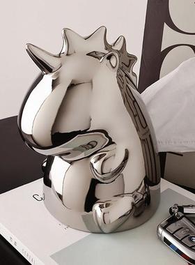 创意卡通独角兽抽纸盒陶瓷家用高档纸巾盒花瓶摆件置物架生日礼物