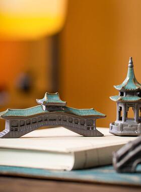 桌面禅意小摆件陶瓷创意六角亭塔微景观假山造景配件花盆景装饰品