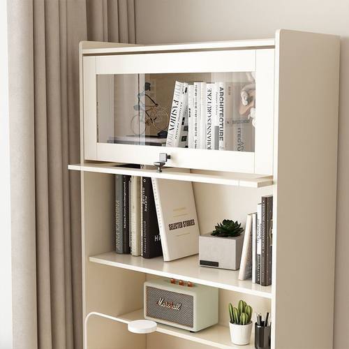 书桌书架一体摺叠连身书桌柜组合家用学生电脑桌卧室奶油白色书柜 - 图1