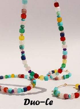 青岛出口新款天然自由宝石串珠项链好运守护手链彩色锁骨链三件套