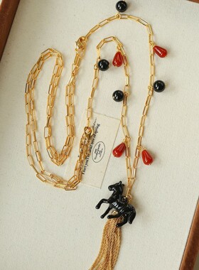 青岛出口原创复古珐琅立体小马多吊坠背链可拆卸流苏骏马长款项链