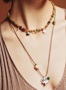 青岛出口小众设计高级小象项链女复古百搭图腾项链绿纹石串珠项链