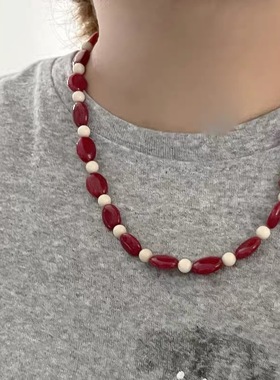 青岛出口日韩小众设计秋冬清新红色天然石串珠项链气质时尚项链