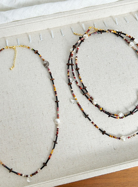 青岛出口法式复古文艺彩色碧玺真石淡水米粒珍珠串珠短款细长项链