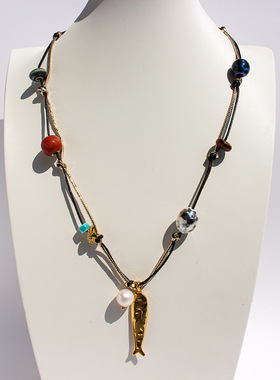 青岛原创小众设计陶瓷虎眼石金线绳打结项链珍珠小鱼串珠手工项链