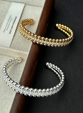 青岛出口圆珠锆石开口手镯金银小众设计感轻奢精致高级感手环时尚