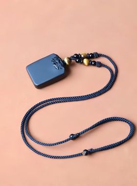 天然黑曜石平安无事牌吊坠情侣光面无字牌项链男水晶饰品