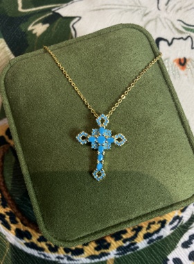 新款蓝色十字架镀18k金经典时尚百搭吊坠项链一套