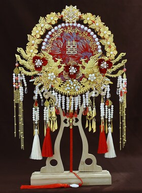 新娘出嫁送闺蜜喜扇秀禾服香槟红色婚礼面金红色手工成品团扇