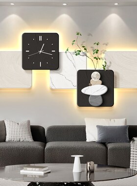 级感黑白客厅装饰画挂钟时来运转沙发背景墙壁画钟表灯挂画