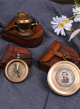 欧式复古黄铜指南针怀旧便携式指北针迷你望远镜书房软装