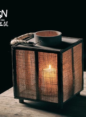 御三泥方形亚麻灯笼绳编烛台夜灯烛光晚餐厅浪漫气氛摆件装饰氛围
