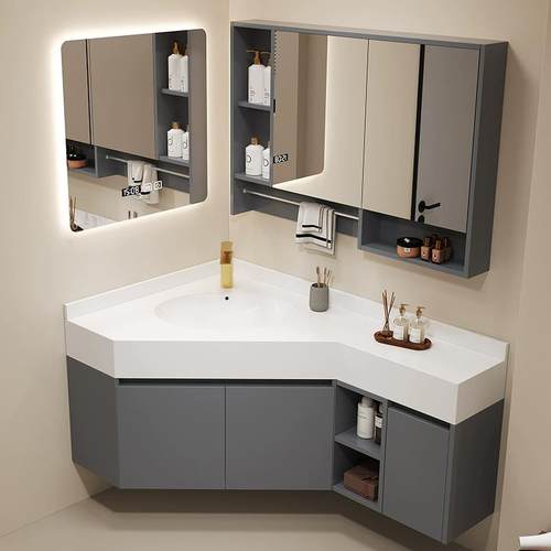 定制三角洗手盆转角小户型墙角岩板浴室柜卫生间洗手洗漱盆柜组合 - 图0