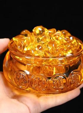 黄水晶聚宝盆琉璃元宝摆件金黄色招财聚财家居摆设乔迁礼品开 业