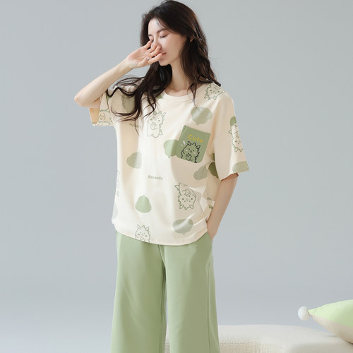 纯棉睡衣女士夏季带胸垫2025款七分裤可外穿家居服凉感可外穿套装 - 图3