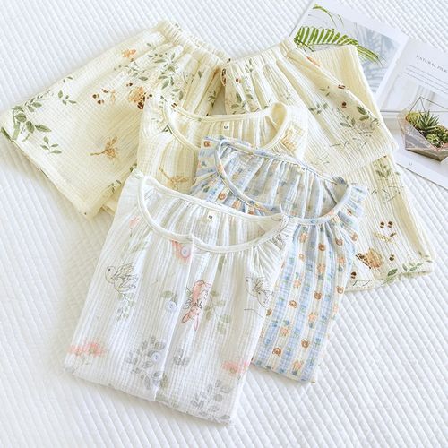 春夏秋季纯棉纱布三件套睡衣女圆领薄款短袖短裤家居服长袖可外穿 - 图1