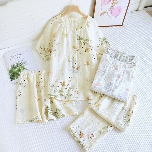 春夏秋季纯棉纱布三件套睡衣女圆领薄款短袖短裤家居服长袖可外穿 - 图0