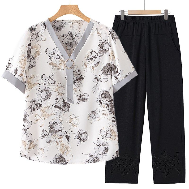 母亲节妈妈装新款夏装洋气中老年女时尚气质雪纺短袖套装奶奶上衣,淘宝优惠券,粉丝福利购,淘宝优惠卷