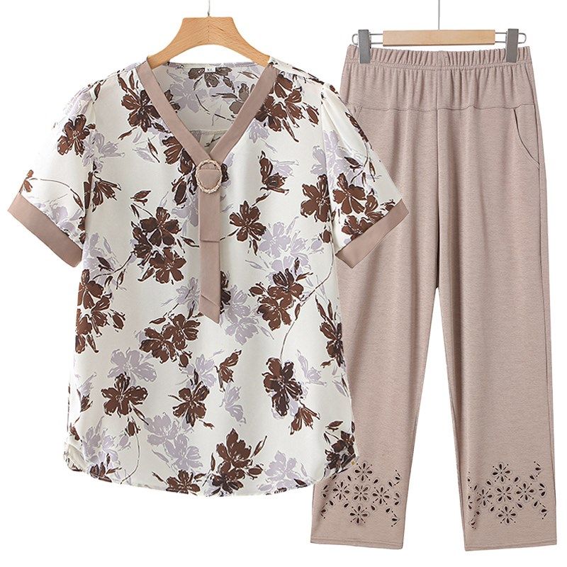 母亲节妈妈装新款夏装洋气中老年女时尚气质雪纺短袖套装奶奶上衣,淘宝优惠券,粉丝福利购,淘宝优惠卷