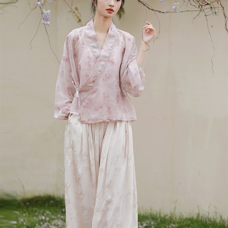 枕梦村庄  满庭芳  新中式国风汉服轻薄外衫吊带高腰裙裤三件套新,淘宝优惠券,粉丝福利购,淘宝优惠卷