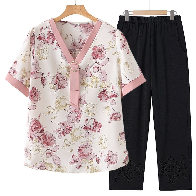 母亲节妈妈装新款夏装洋气中老年女时尚气质雪纺短袖套装奶奶上衣,淘宝优惠券,粉丝福利购,淘宝优惠卷