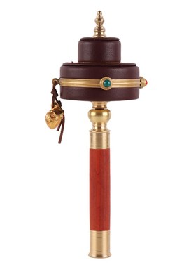 藏式双层铜手摇底座室内皮革转轮手持圣大转金桶家居桌面装饰摆件