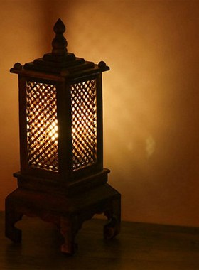泰国进口复古柚木镂空台灯摆件家居装饰创意走廊地灯木质床头灯