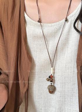 木质前调~国风长版蜡绳橡果吊坠项炼女款覆古小众设计新中式配饰