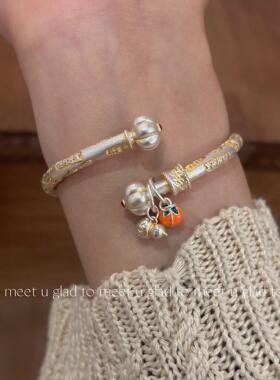 GTMU足银9柿柿如意南瓜头描金手镯新中式国风吉言银镯子送女友