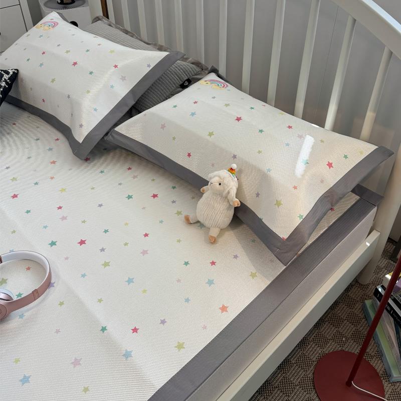 刺绣彩虹夏季可机洗冰丝凉席三件套冰藤席冰丝席空调软席子1.2m床 - 图1