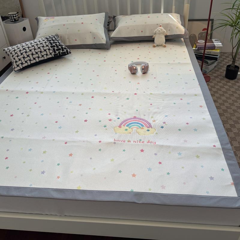 刺绣彩虹夏季可机洗冰丝凉席三件套冰藤席冰丝席空调软席子1.2m床 - 图3