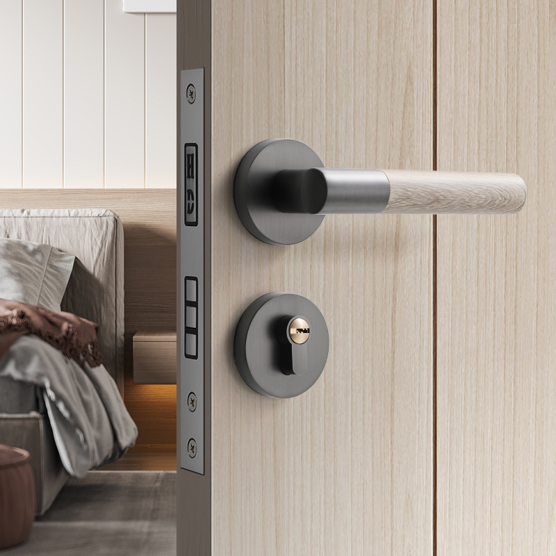 轻奢原木纹门锁室内卧室房门锁静音磁吸实木门把手分体木门锁家用 - 图0
