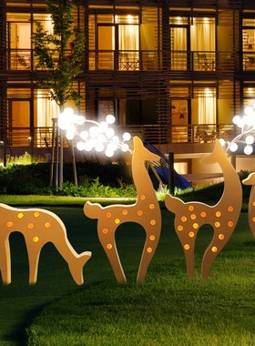 抽象不锈钢剪影梅花鹿雕塑幼儿园户外草坪装饰玻璃钢发光鹿大摆件