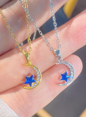 简约钛钢月亮星蓝色水晶锁骨链