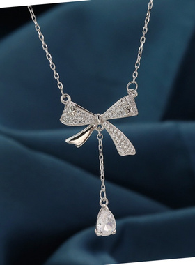 轻奢小众蝴蝶结水滴流苏钛钢项链