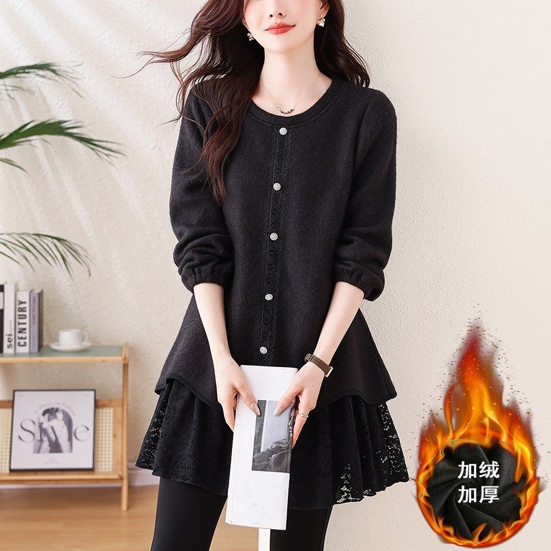 宽松加绒加厚毛衣女2024大码冬季保暖新款高级感显瘦蕾丝拼接上衣,淘宝优惠券,粉丝福利购,淘宝优惠卷