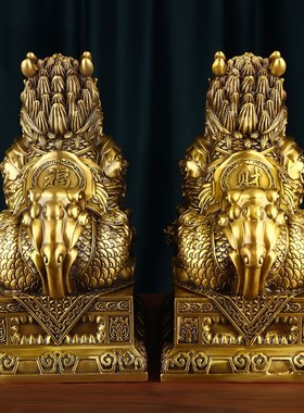 麒麟摆件一对公母纯黄铜招家用财客厅办公室入户门八卦麒麟工艺品