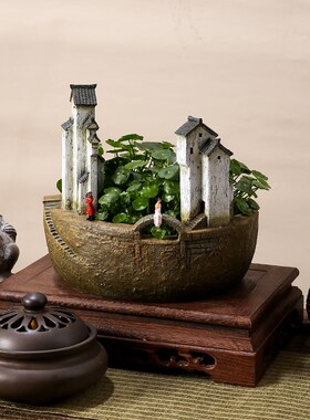 徽派中式复古水培花盆摆件铜钱草植物茶洗一叶莲个性花盆茶几装饰