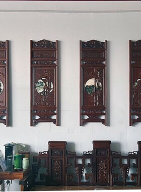 东阳木雕挂件客厅沙发背景大理石画挂屏实木香樟木雕刻条屏