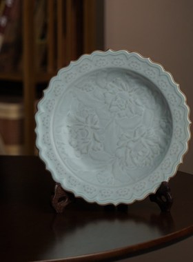 汝窑国色天香盘摆件景德镇陶瓷仿古瓷器禅意家居客厅装饰汝瓷礼品